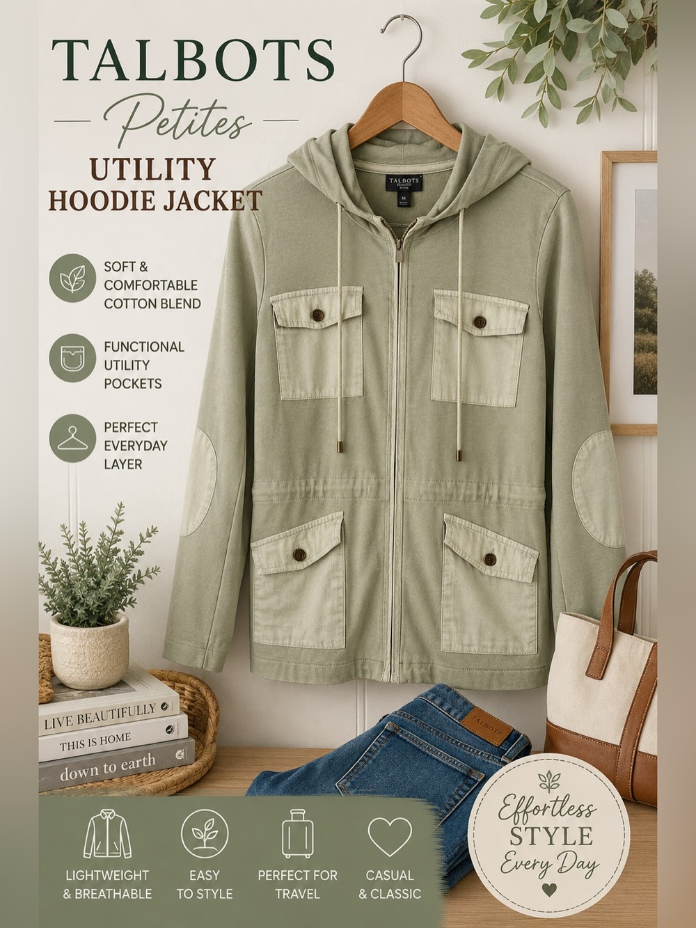 Talbots Petites Utility Hoodie Jacket Sage Green Zip Front Cargo Pockets Medium